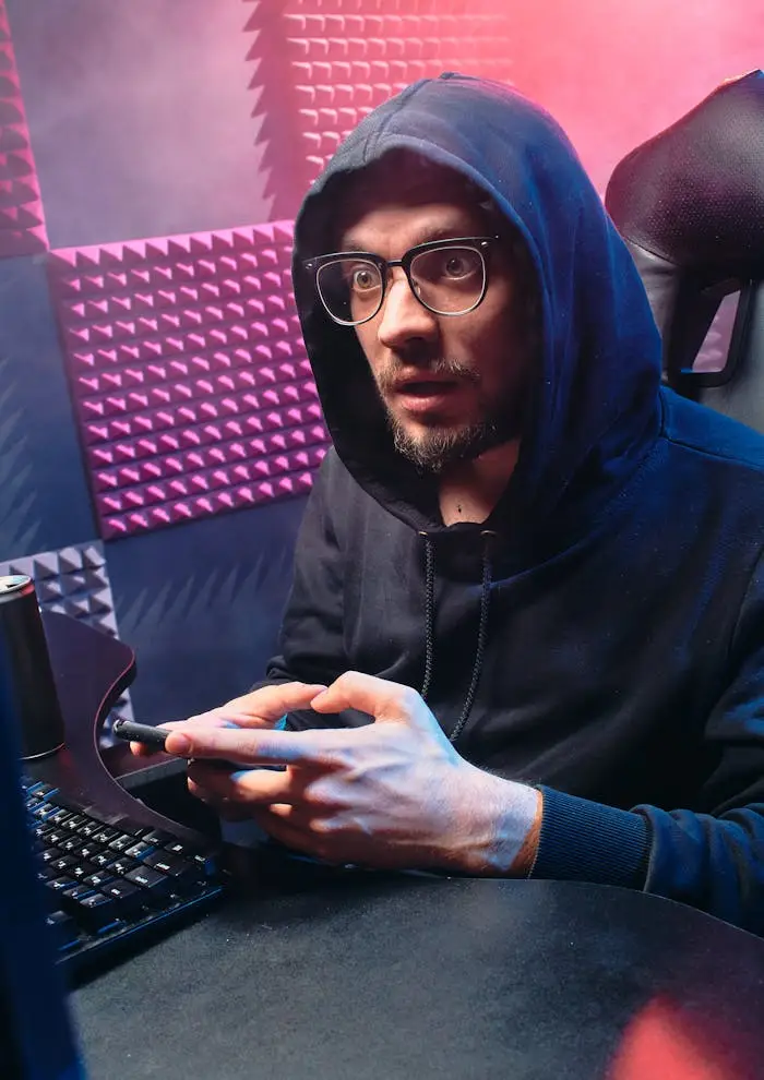 Bearded man in a black hoodie and glasses, using phone, shocked expression.