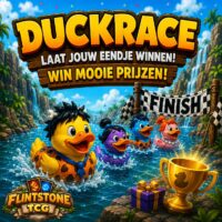 Promotieafbeelding van de FlintstoneTCG Duckrace met race-eendjes op een waterbaan, finishlijn en prijzen voor deelnemers tijdens een live Pokémon TCG stream.