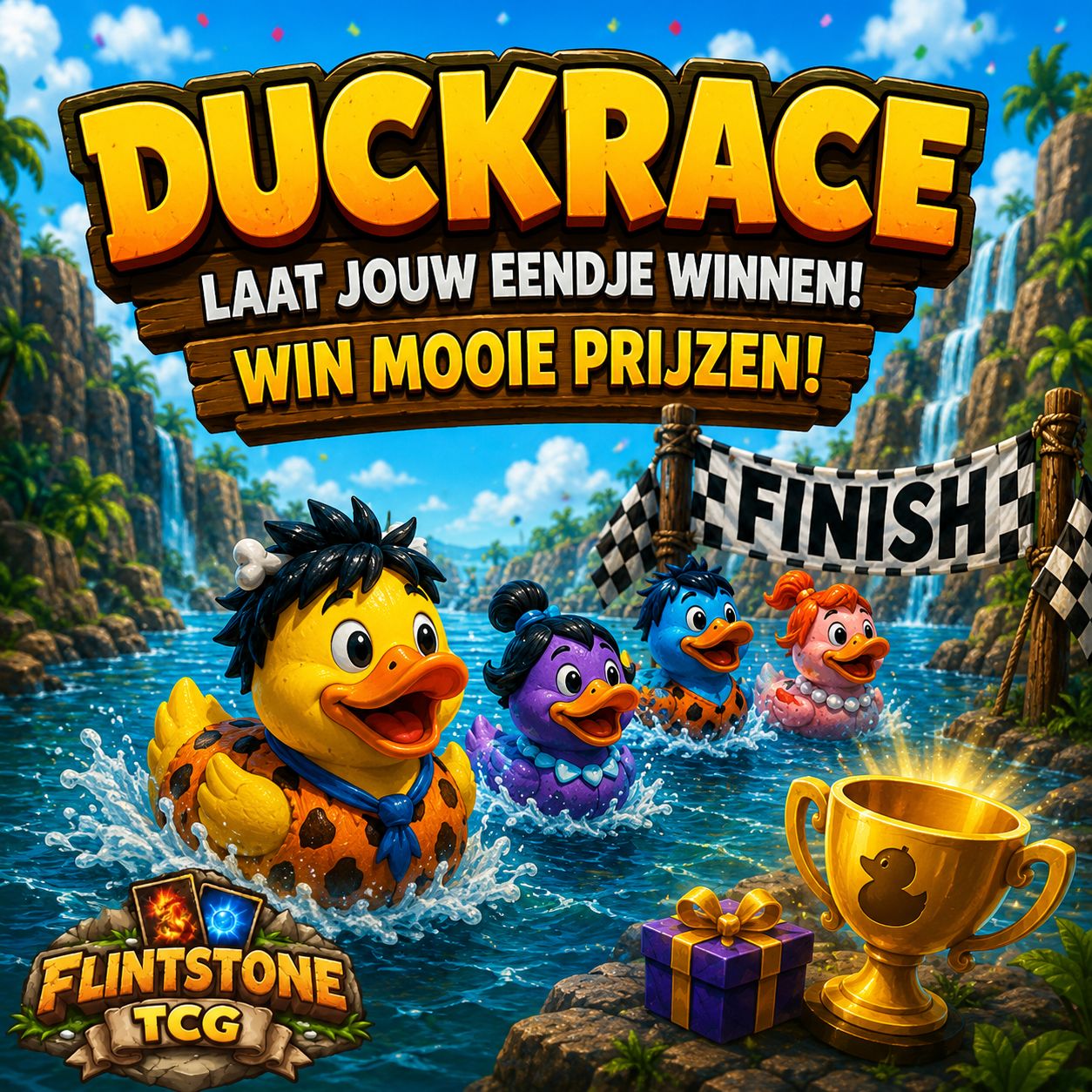 Promotieafbeelding van de FlintstoneTCG Duckrace met race-eendjes op een waterbaan, finishlijn en prijzen voor deelnemers tijdens een live Pokémon TCG stream.