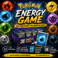 Promotie afbeelding van de Pokémon Energy Game waarbij spelers een Pokémon Energy kiezen en booster packs winnen uit een boosterbox van 36 packs tijdens een live rip en ship op FlintstoneTCG.