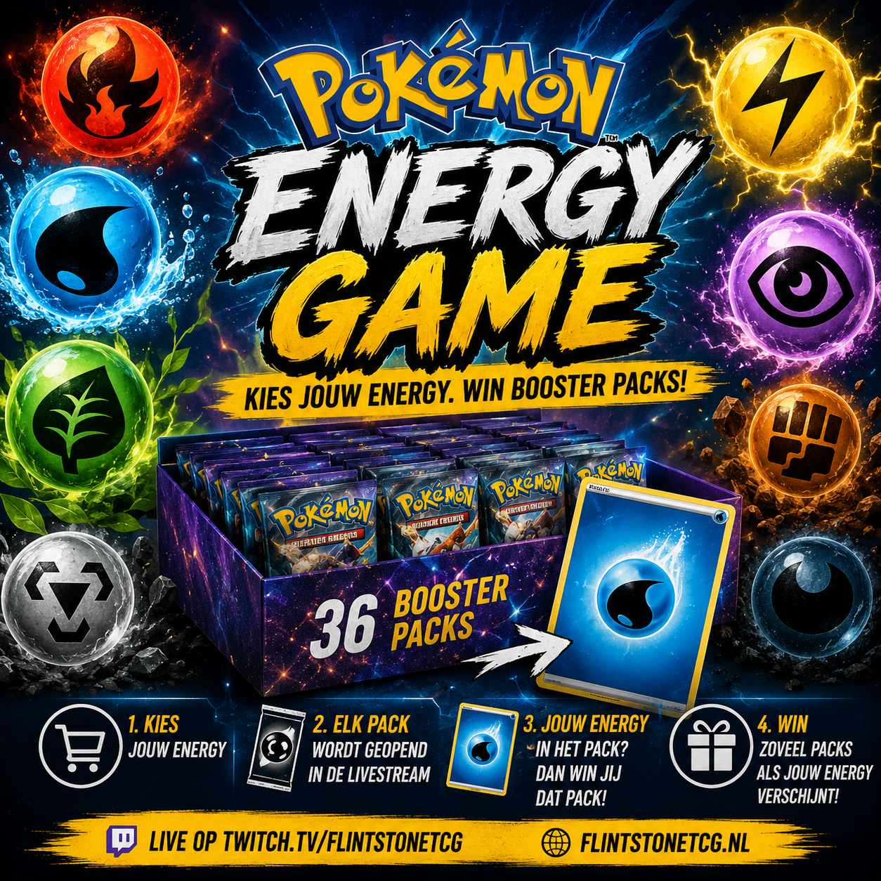 Promotie afbeelding van de Pokémon Energy Game waarbij spelers een Pokémon Energy kiezen en booster packs winnen uit een boosterbox van 36 packs tijdens een live rip en ship op FlintstoneTCG.